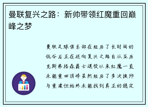 曼联复兴之路:新帅带领红魔重回巅峰之梦 曼联复兴之路:新帅带领红魔重回巅峰之梦